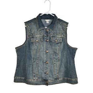 CJ‎ Banks Womens Studded Denim Vest 1X Blue Jean Sleeveless Jacket Festival Boho